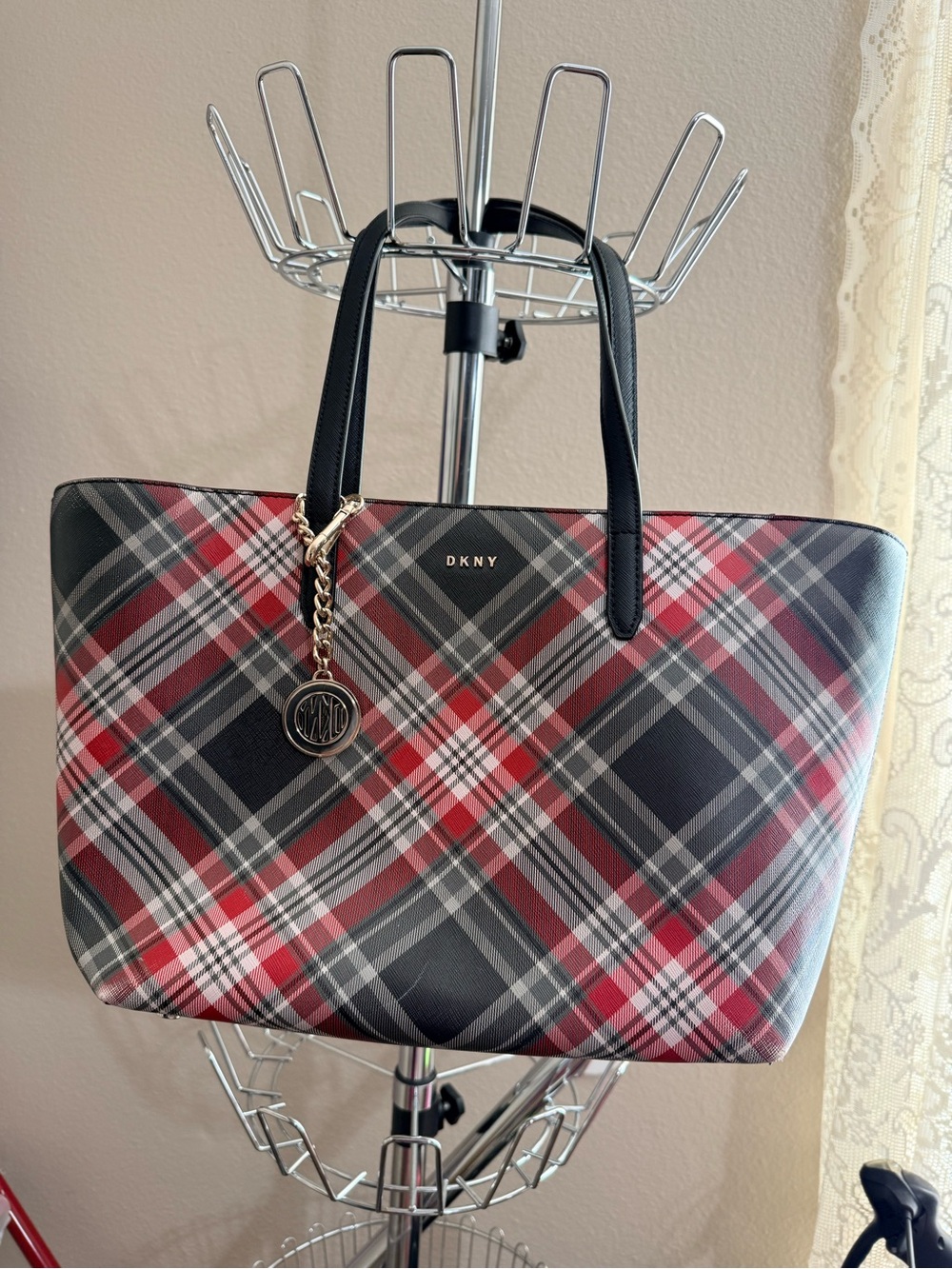 DKNY New York Plaid Leather Tote Bag Red Black Tartan Large Shopper Purse VGUC